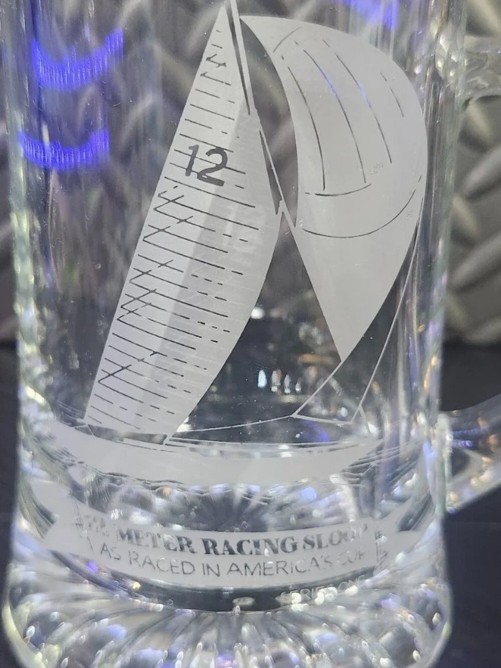 Old Spice America's Cup Etched Glass Beer Stein/Mug 12 Meter Racing Sloop